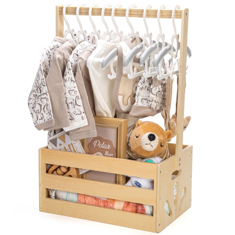 GiftAmaz Wooden Baby Shower Crate Closet, Baby Storage Crate Hamper with Handle, Basket for Baby Shower Gifts, Welcome Gift Basket for Newborn Boys Girls, Pregnancy Gifts for New Parents - Image 1